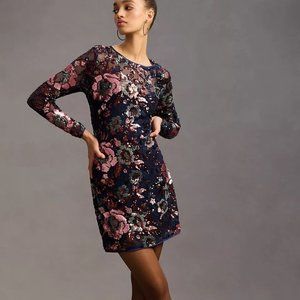 By Anthropologie Sequin Mini Dress Lace Floral Embroidered Size 2 Navy New